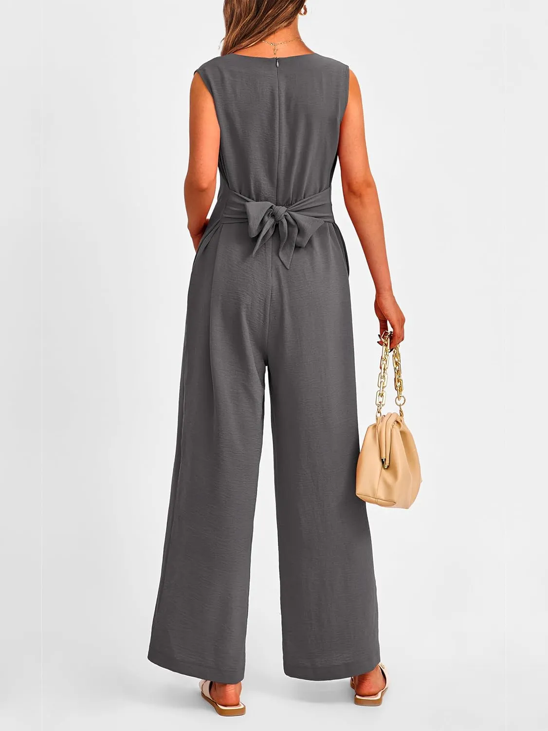 PRETTYGARDEN Summer Outfits 2025 Wide Leg Jumpsuits for Women Casual V Neck Sleeveless Belted High Waist Long Pants Rompers