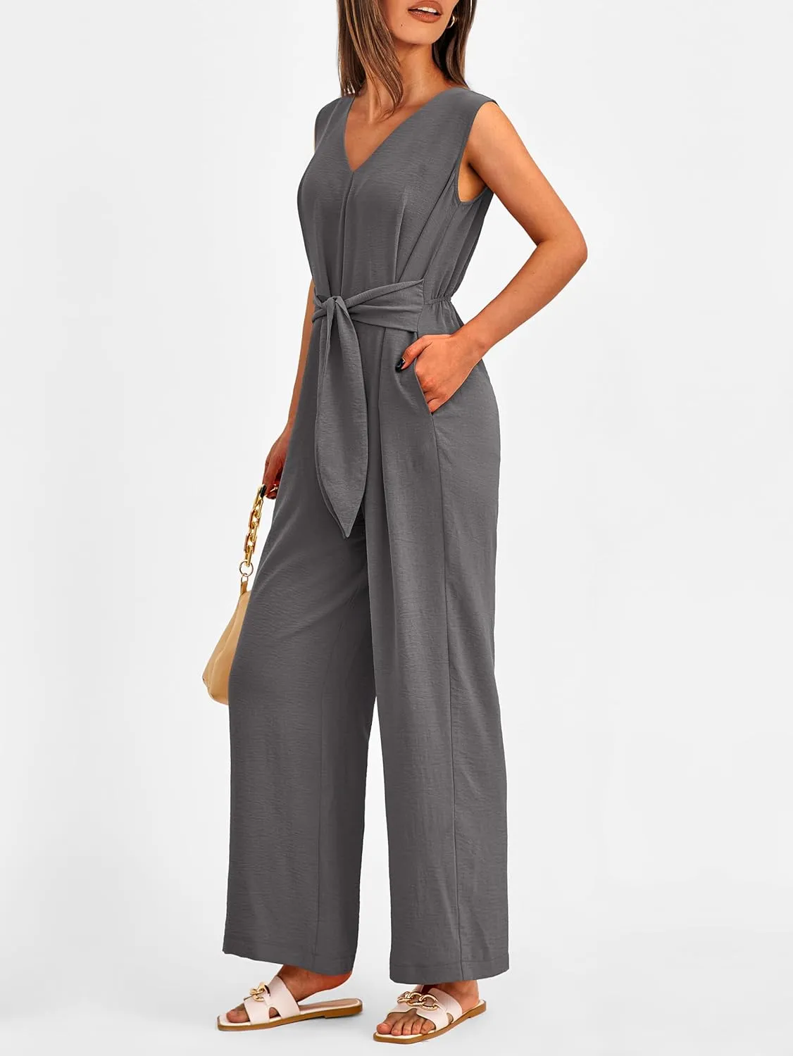 PRETTYGARDEN Summer Outfits 2025 Wide Leg Jumpsuits for Women Casual V Neck Sleeveless Belted High Waist Long Pants Rompers