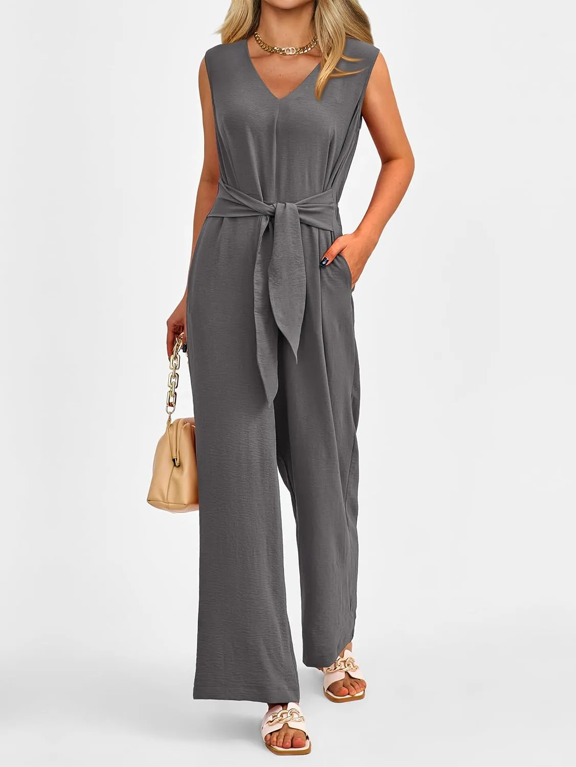 PRETTYGARDEN Summer Outfits 2025 Wide Leg Jumpsuits for Women Casual V Neck Sleeveless Belted High Waist Long Pants Rompers