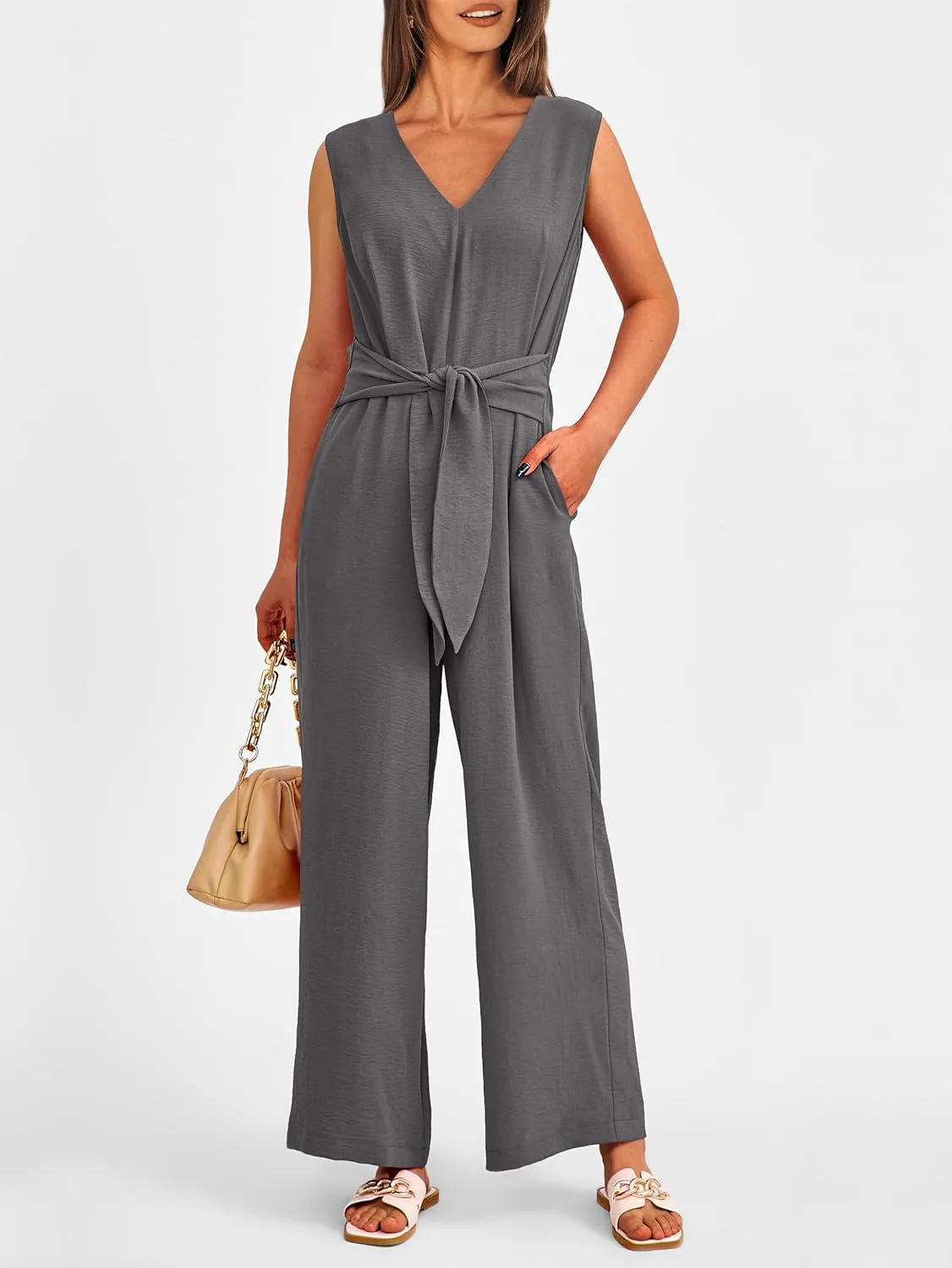 PRETTYGARDEN Summer Outfits 2025 Wide Leg Jumpsuits for Women Casual V Neck Sleeveless Belted High Waist Long Pants Rompers