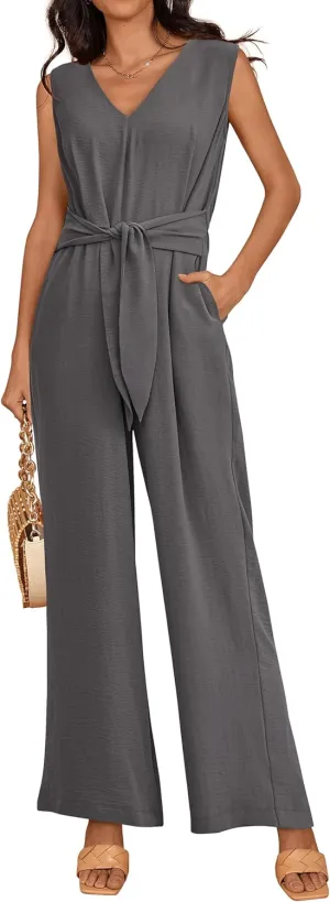 PRETTYGARDEN Summer Outfits 2025 Wide Leg Jumpsuits for Women Casual V Neck Sleeveless Belted High Waist Long Pants Rompers