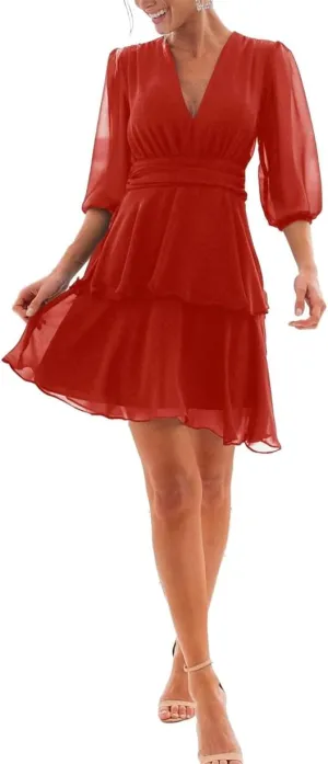 Puffy Long Sleeves Country Princess Bridesmaid Dresses Short V Neck Chiffon Formal Evening Maxi Gowns EZ088
