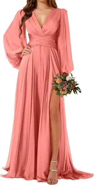 Puffy Long Sleeves Country Princess Bridesmaid Dresses V Neck Chiffon Formal Evening Maxi Gowns with Slit Sash EZ126