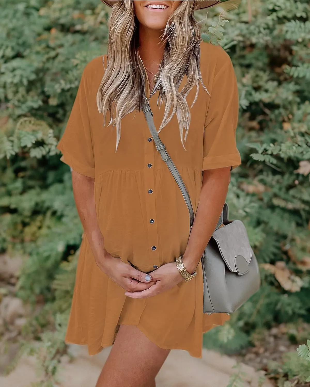 PYGFEMR Women's Short Sleeve Babydoll Dress Button Down Dresses with Pockets