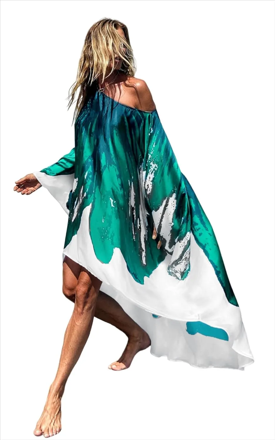 QPQ Womens Cold Shoulder Kaftan Dresses Plus Size Cover Up Tshirt Maxi Beach Boho Swing Dress