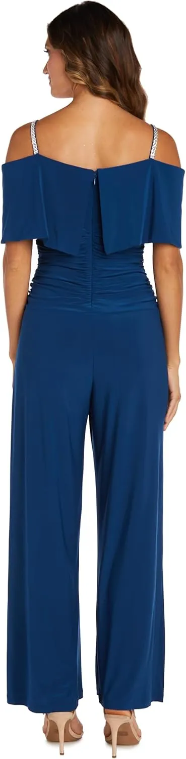 R&M Richards Elegant Off-the-Shoulder Ruched Bodice Jumpsuit W/Rhinestone Straps & Wide Legs