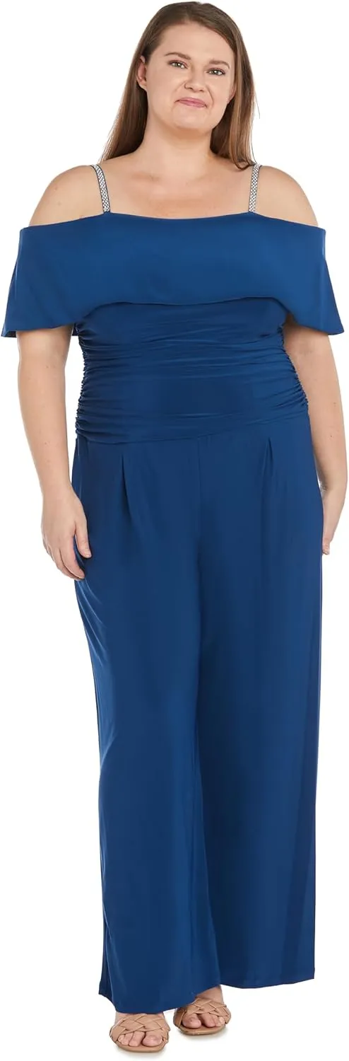 R&M Richards Elegant Off-the-Shoulder Ruched Bodice Jumpsuit W/Rhinestone Straps & Wide Legs