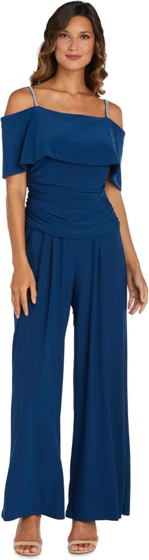 R&M Richards Elegant Off-the-Shoulder Ruched Bodice Jumpsuit W/Rhinestone Straps & Wide Legs