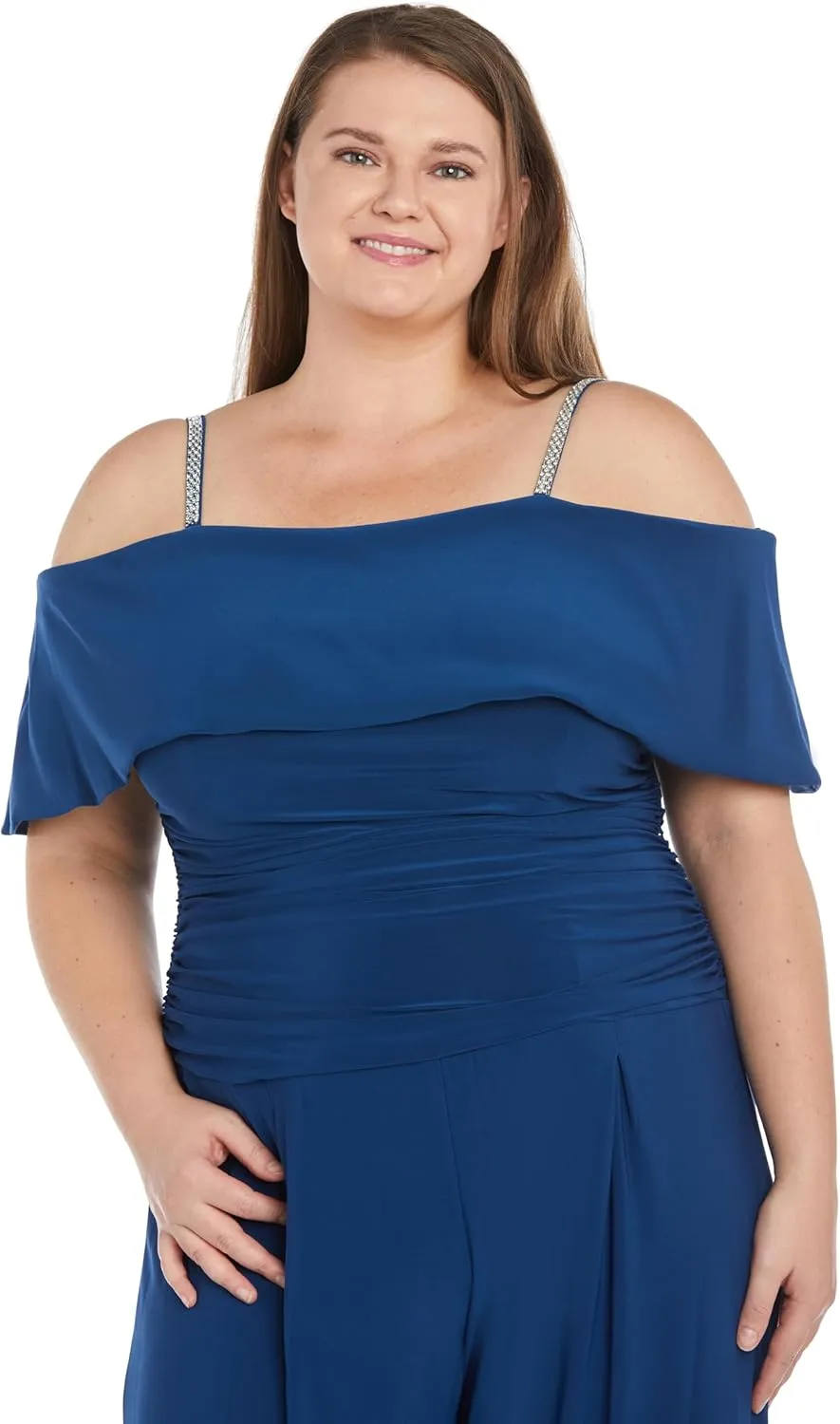 R&M Richards Elegant Off-the-Shoulder Ruched Bodice Jumpsuit W/Rhinestone Straps & Wide Legs
