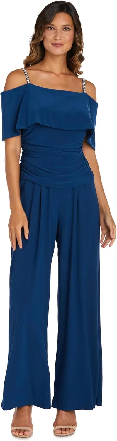 R&M Richards Elegant Off-the-Shoulder Ruched Bodice Jumpsuit W/Rhinestone Straps & Wide Legs
