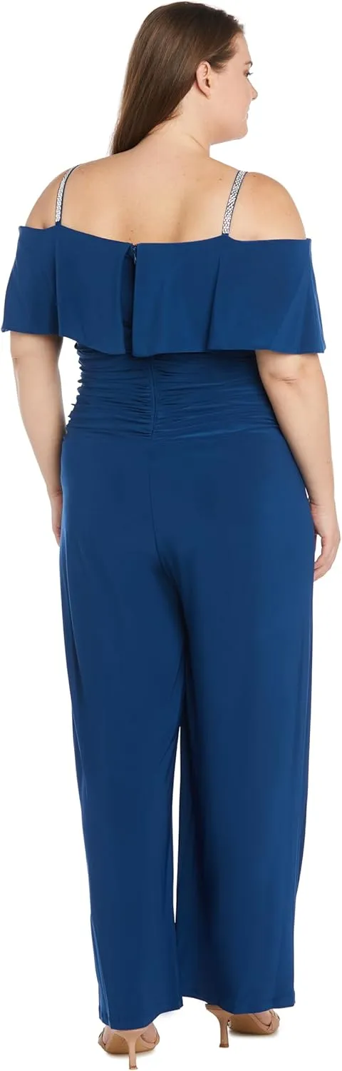 R&M Richards Elegant Off-the-Shoulder Ruched Bodice Jumpsuit W/Rhinestone Straps & Wide Legs
