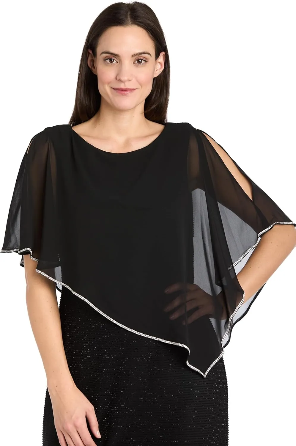 R&M Richards Long Metallic Stripe Dress W/Rhinestone Trim Chiffon Poncho