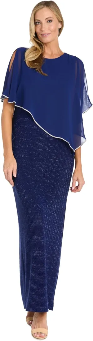 R&M Richards Long Metallic Stripe Dress W/Rhinestone Trim Chiffon Poncho
