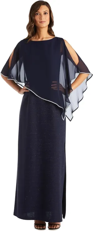 R&M Richards Long Metallic Stripe Dress W/Rhinestone Trim Chiffon Poncho