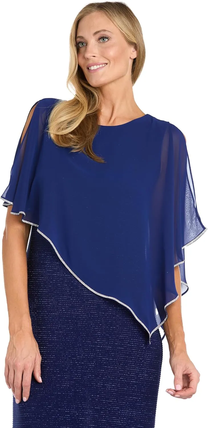 R&M Richards Long Metallic Stripe Dress W/Rhinestone Trim Chiffon Poncho