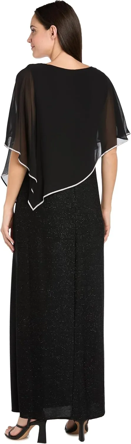 R&M Richards Long Metallic Stripe Dress W/Rhinestone Trim Chiffon Poncho