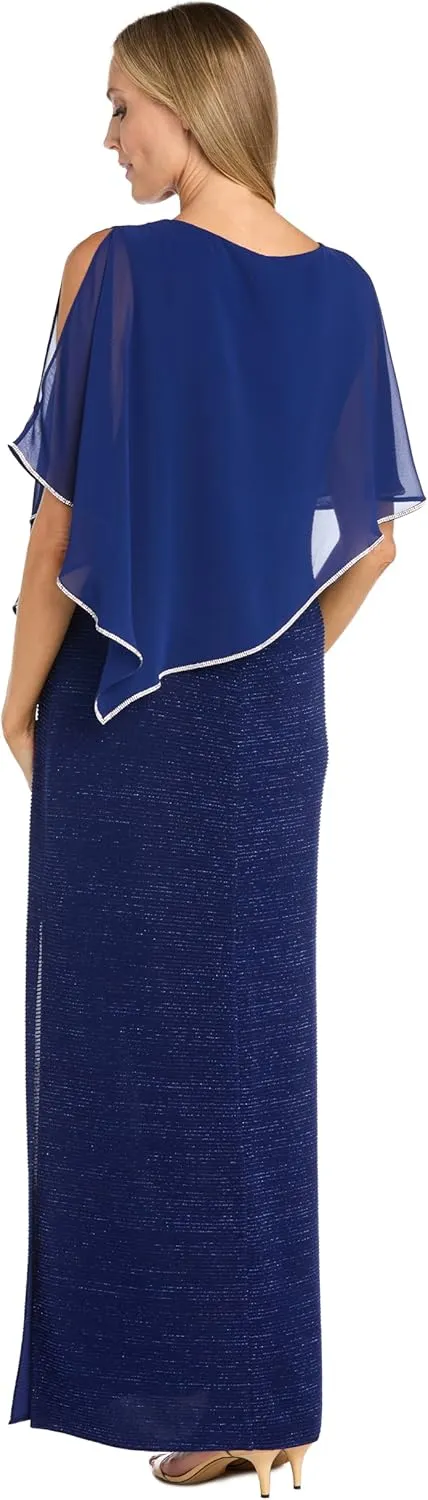 R&M Richards Long Metallic Stripe Dress W/Rhinestone Trim Chiffon Poncho