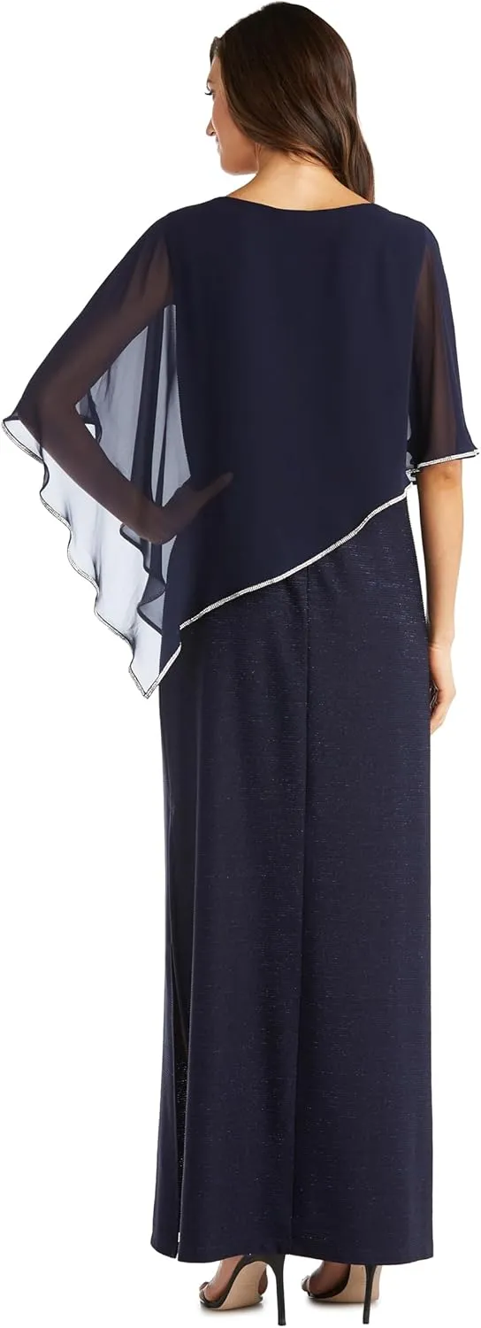 R&M Richards Long Metallic Stripe Dress W/Rhinestone Trim Chiffon Poncho
