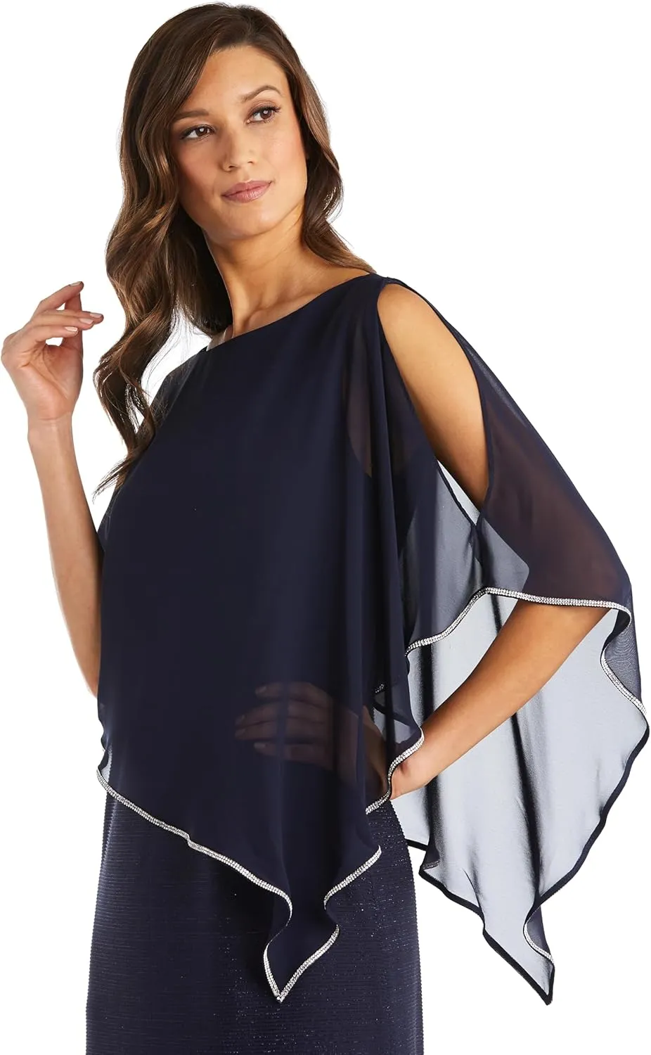 R&M Richards Long Metallic Stripe Dress W/Rhinestone Trim Chiffon Poncho