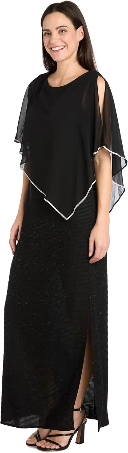 R&M Richards Long Metallic Stripe Dress W/Rhinestone Trim Chiffon Poncho