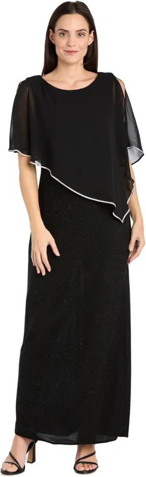 R&M Richards Long Metallic Stripe Dress W/Rhinestone Trim Chiffon Poncho