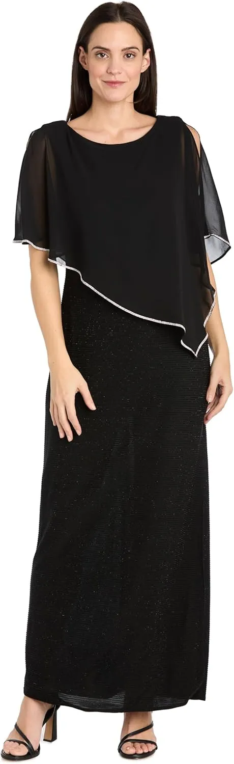 R&M Richards Long Metallic Stripe Dress W/Rhinestone Trim Chiffon Poncho