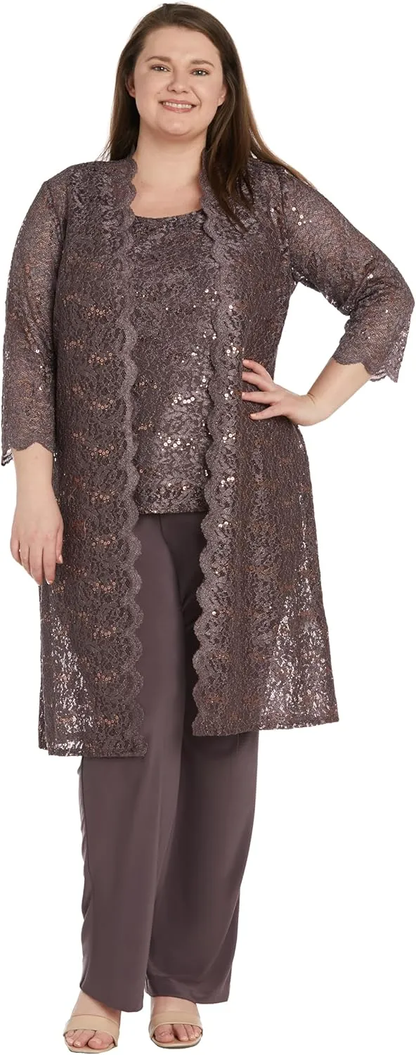 R&M Richards Women's Scallop Lace Duster Pant Set