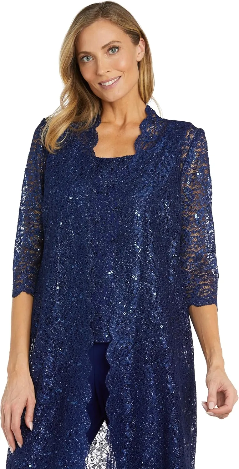 R&M Richards Women's Scallop Lace Duster Pant Set
