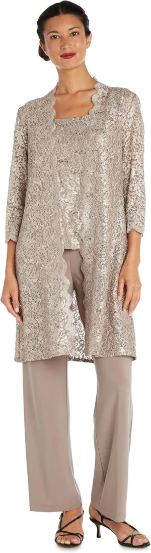 R&M Richards Women's Scallop Lace Duster Pant Set