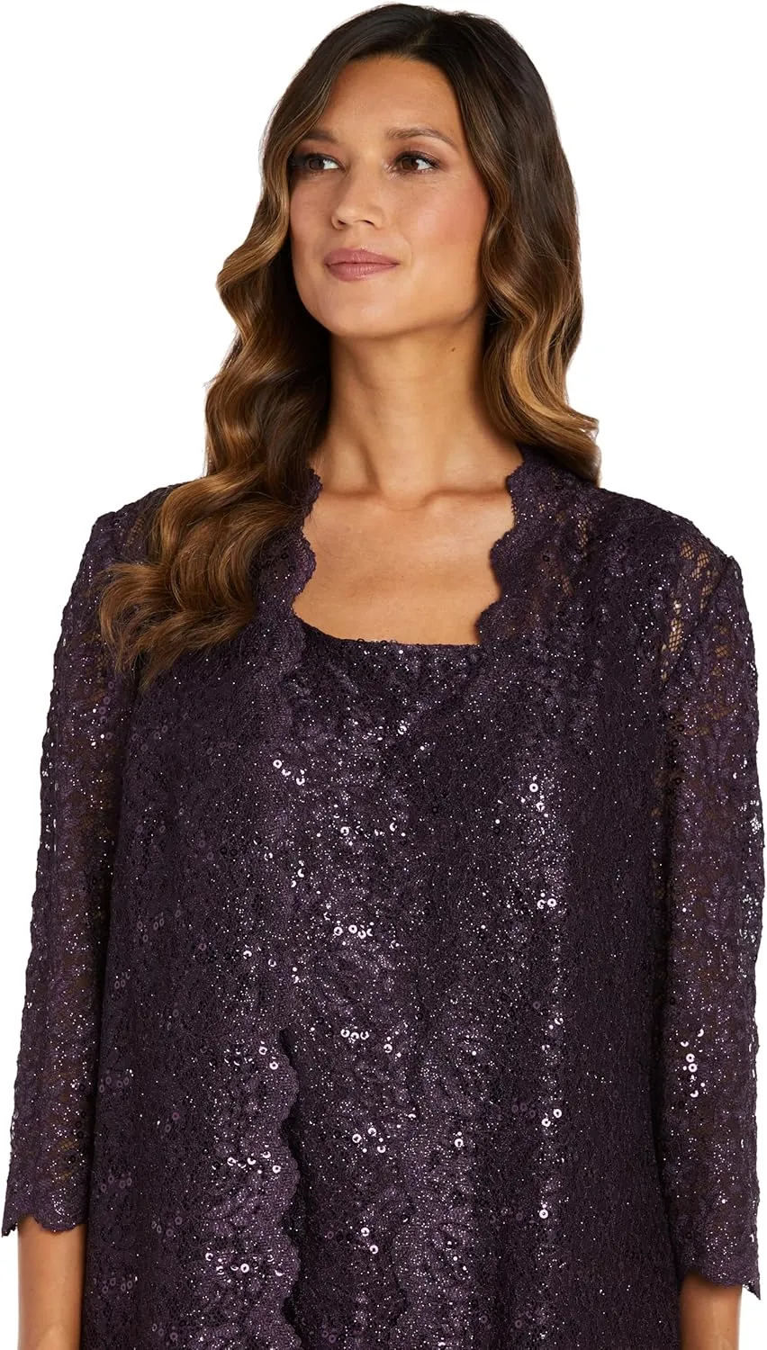 R&M Richards Women's Scallop Lace Duster Pant Set