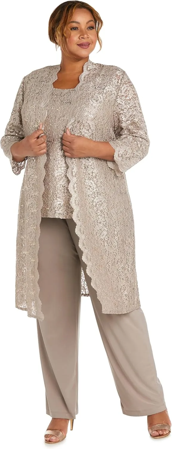R&M Richards Women's Scallop Lace Duster Pant Set