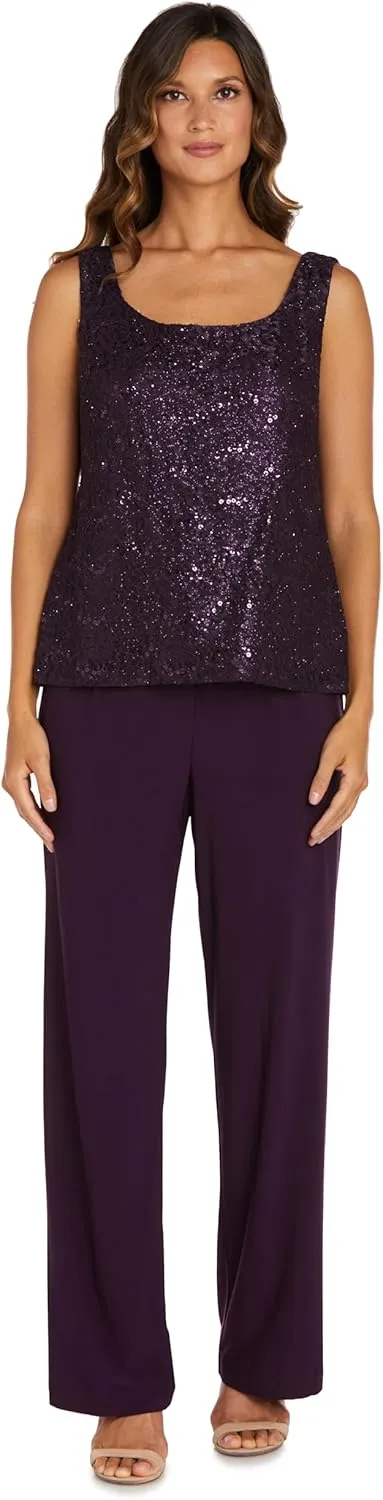 R&M Richards Women's Scallop Lace Duster Pant Set
