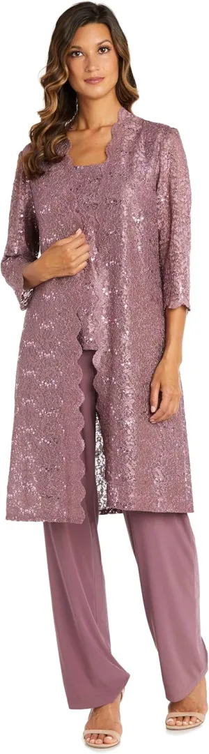 R&M Richards Women's Scallop Lace Duster Pant Set