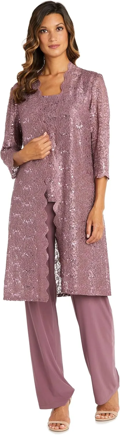 R&M Richards Women's Scallop Lace Duster Pant Set