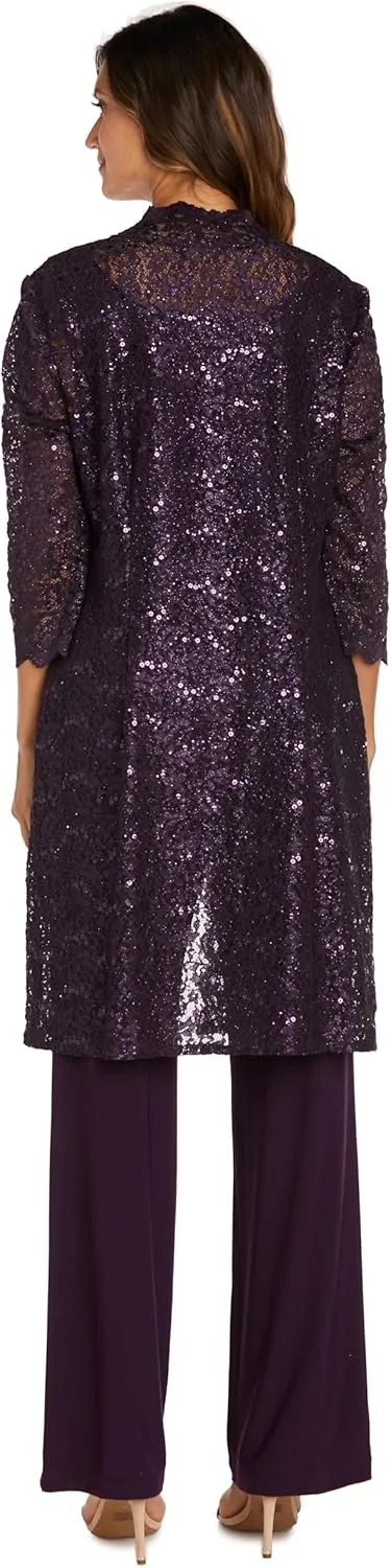 R&M Richards Women's Scallop Lace Duster Pant Set