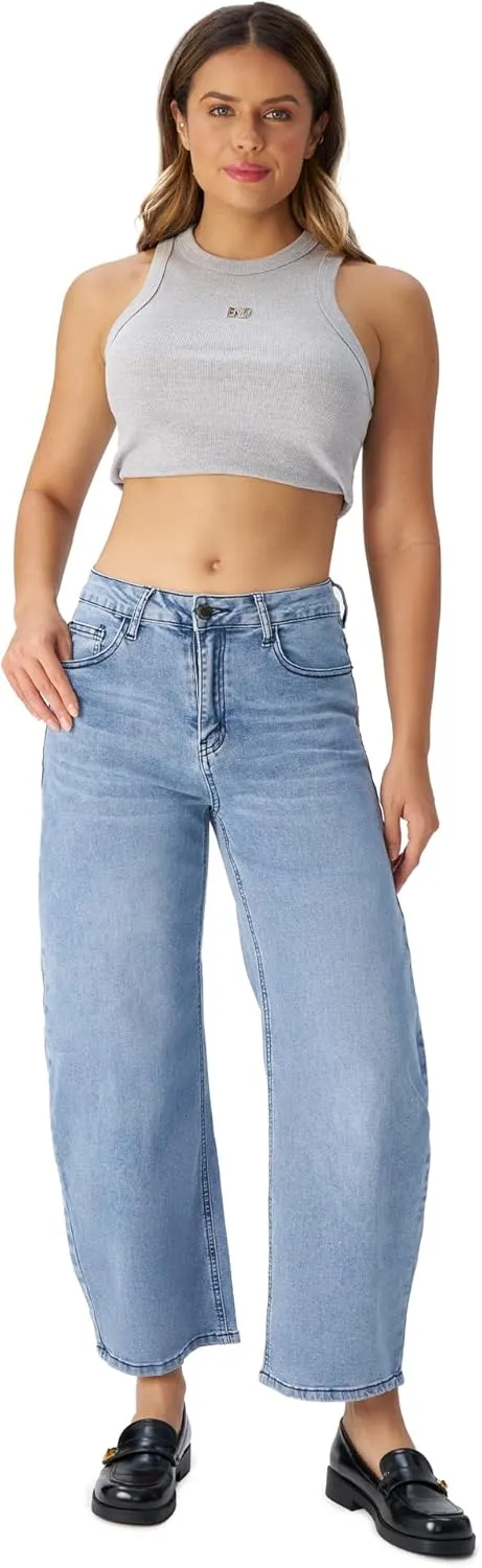 roswear Women's Barrel Jeans Petite Wide Leg Cropped Stretchy Baggy Denim Pants