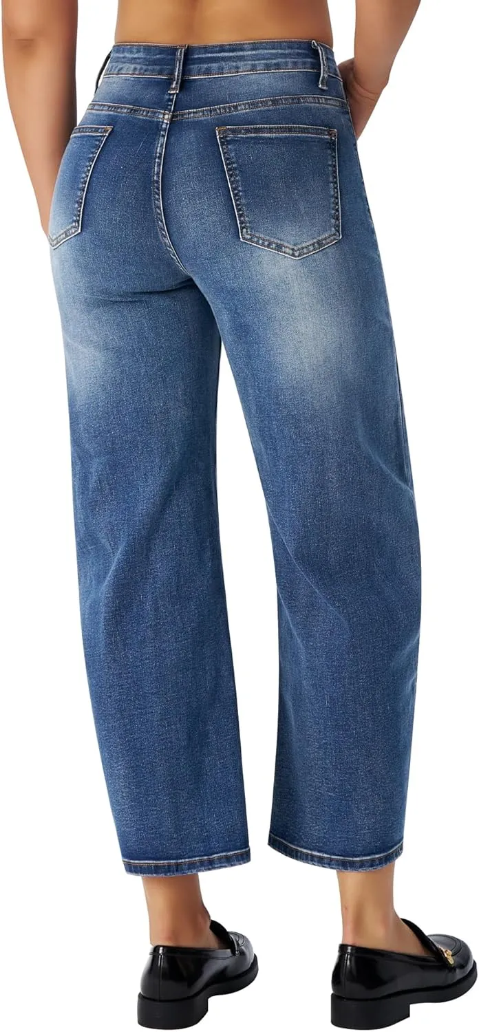 roswear Women's Barrel Jeans Petite Wide Leg Cropped Stretchy Baggy Denim Pants
