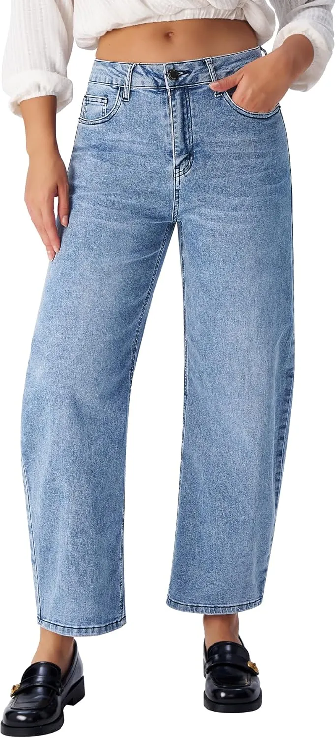 roswear Women's Barrel Jeans Petite Wide Leg Cropped Stretchy Baggy Denim Pants