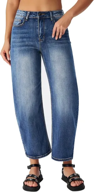 roswear Women's Barrel Jeans Petite Wide Leg Cropped Stretchy Baggy Denim Pants