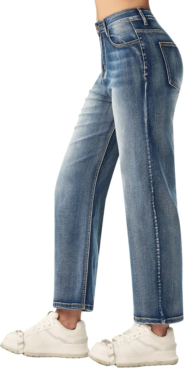 roswear Women's Barrel Jeans Petite Wide Leg Cropped Stretchy Baggy Denim Pants