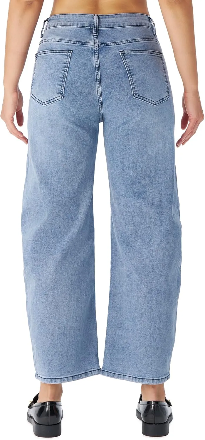 roswear Women's Barrel Jeans Petite Wide Leg Cropped Stretchy Baggy Denim Pants