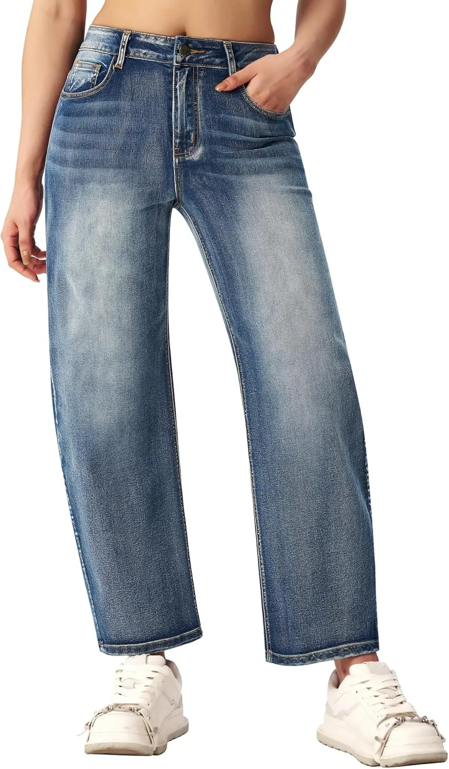 roswear Women's Barrel Jeans Petite Wide Leg Cropped Stretchy Baggy Denim Pants