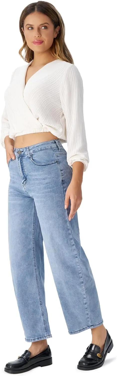 roswear Women's Barrel Jeans Petite Wide Leg Cropped Stretchy Baggy Denim Pants