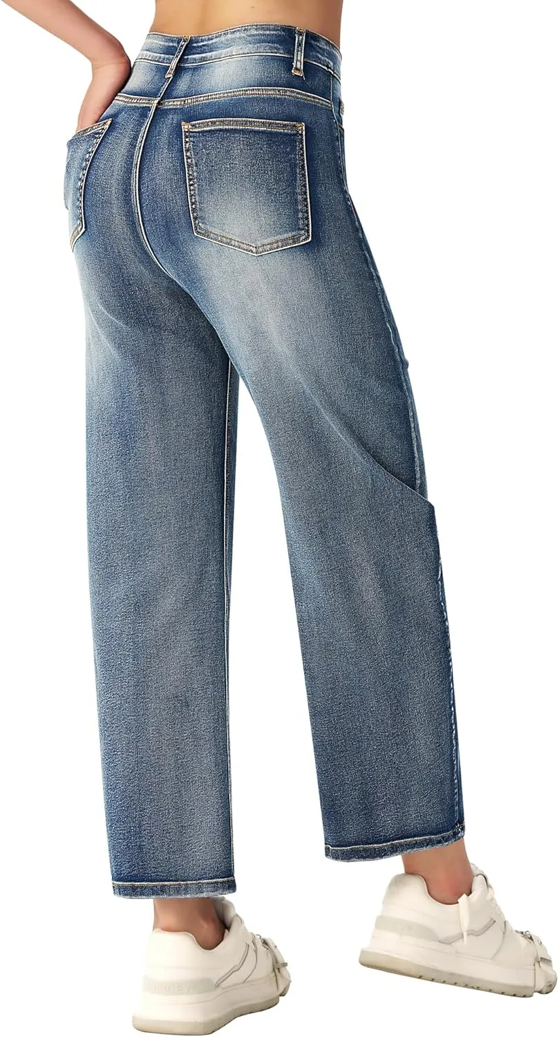 roswear Women's Barrel Jeans Petite Wide Leg Cropped Stretchy Baggy Denim Pants