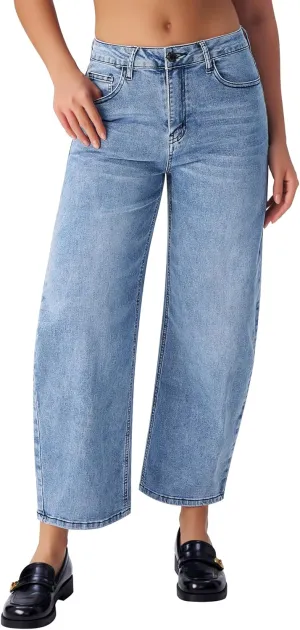 roswear Women's Barrel Jeans Petite Wide Leg Cropped Stretchy Baggy Denim Pants