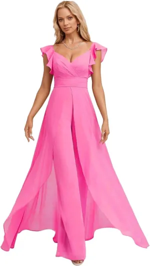 Ruffle Chiffon Bridesmaid Jumpsuits with Slit Pleated V Neck Wedding Guest Pantsuits