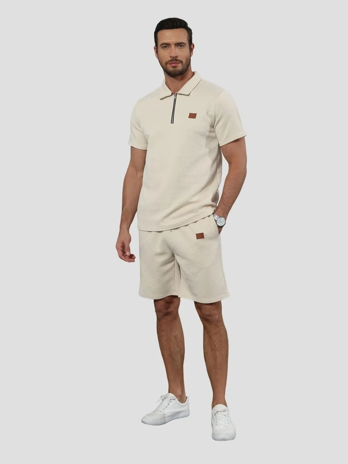 Ryehack Men's 2 Piece Sweatsuits Outfits Jacquard Zip Polo Shirt Sweatshirt Joggers Sweatpants Tracksuit Set