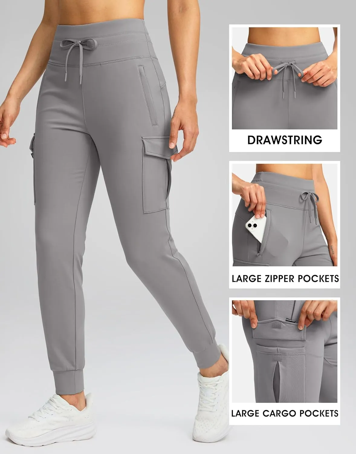 SANTINY Women Fleece Lined Cargo Joggers High Waisted Winter Warm Waterproof Hiking Pants with Zipper Pockets