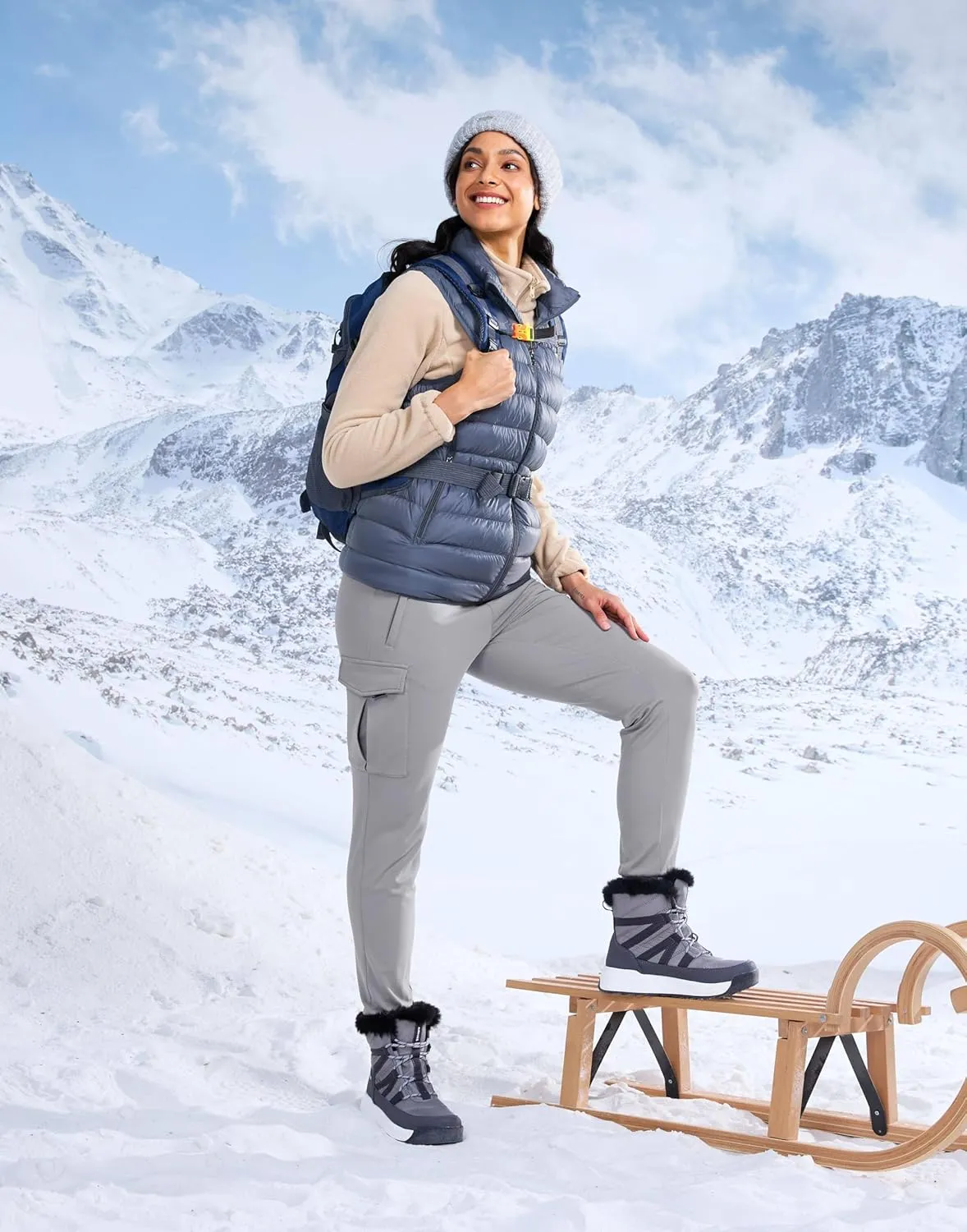 SANTINY Women Fleece Lined Cargo Joggers High Waisted Winter Warm Waterproof Hiking Pants with Zipper Pockets