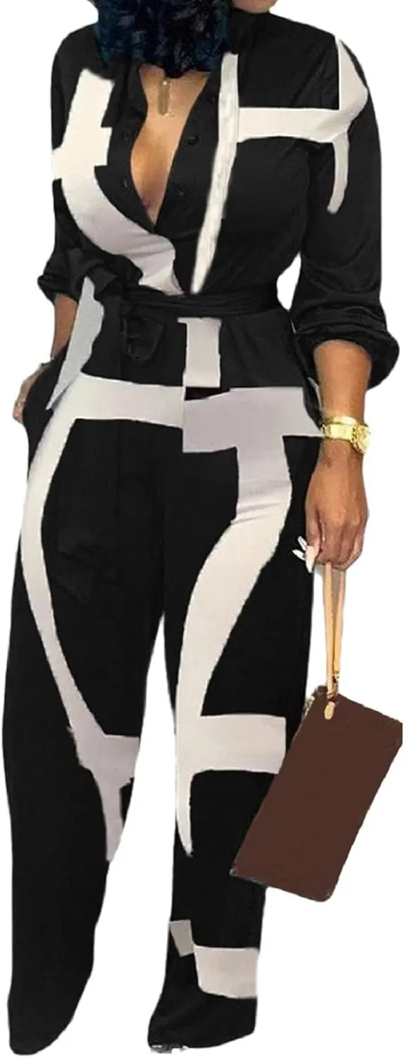 SeNight Women's Jumpsuits Elegant Business Casual Button Down V Neck Long Sleeve Strap Straight Long Pants With Pockets